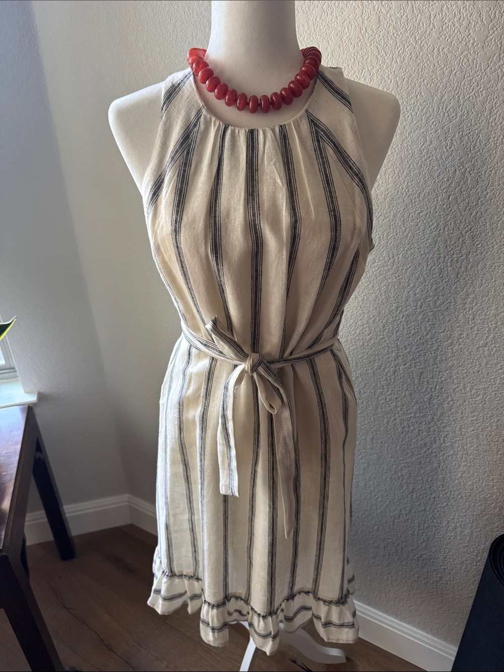 A line cream and black Linen striped dress